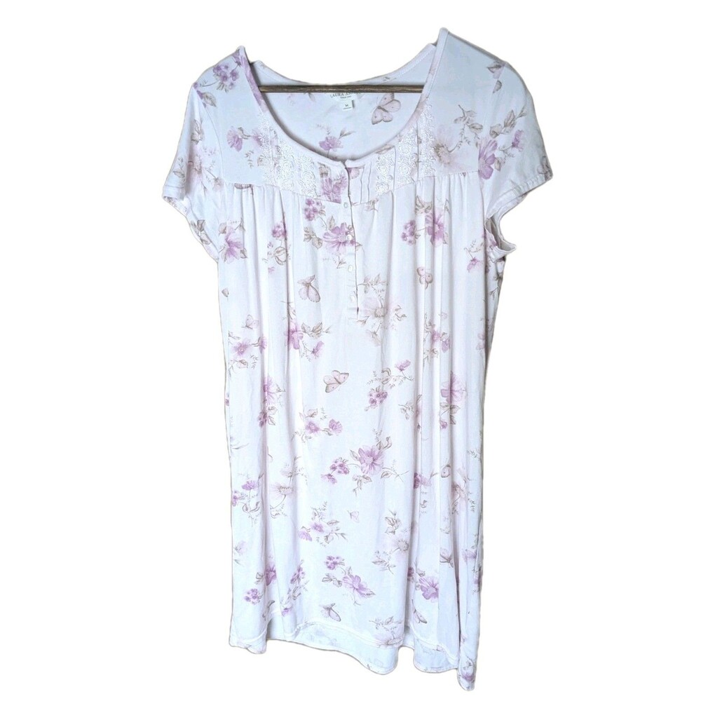 Medium LAURA ASHLEY PINK FLORAL Butterfly Super Soft KNIT NIGHT GOWN Womens - Picture 1 of 5